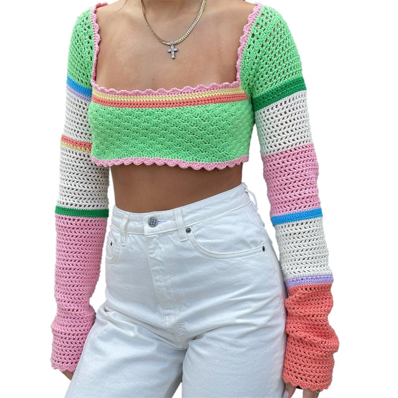 Women Summer Crop Tops Splicing Crochet Square Neck Long Sleeves Knitted T-shirt Tops 2021 Streetwear for Girls Green