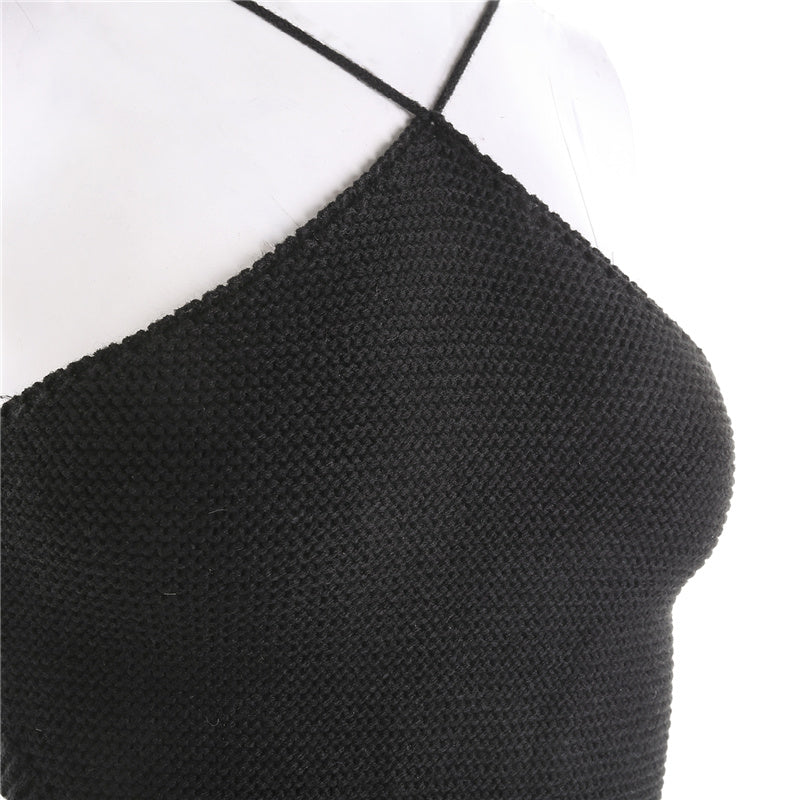Summer Ladies Sexy Backless Chest Wrap Women Solid Color Hanging Neck Lace-Up Sleeveless Knitted Camisole Irregular Hem Top