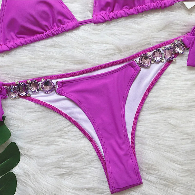 Halter Rhinestone Diamond Bikini Women Swimsuit Female Bikinis Metal Chain Swimwear Two Pieces Bikini Set Bathing Suit Swim Lady