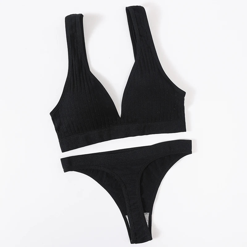 Women's Seamless Bra Panties Set Female Wirefree Brassiere Top Sports Underwear High Waist Briefs V Neck Sexy Lingerie Set