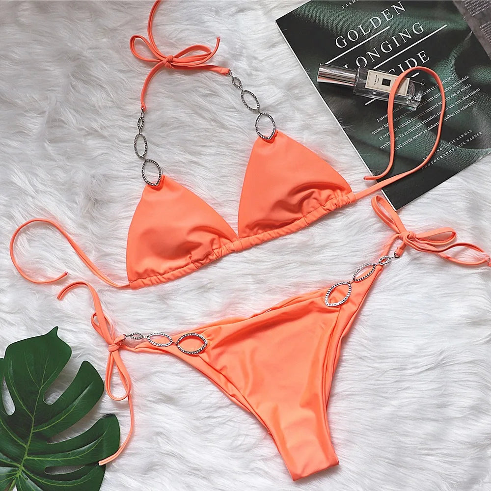 Sexy Rhinestone Bikini 2026 Women Solid Purple Metal Chain Swimsuit Brazilian Summer Beach Bathing Suit Luxury Thong Swimwear