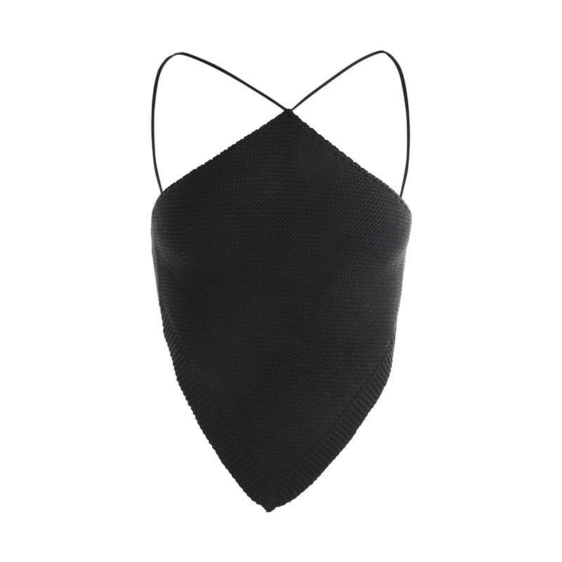 Summer Ladies Sexy Backless Chest Wrap Women Solid Color Hanging Neck Lace-Up Sleeveless Knitted Camisole Irregular Hem Top