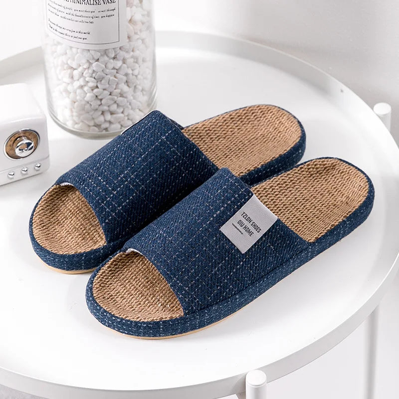 Breathable Flax Slippers Women Men Indoor Mute Slipper Anti-slip Lovers House Floor Shoes SoftLadies Summer Home Slides