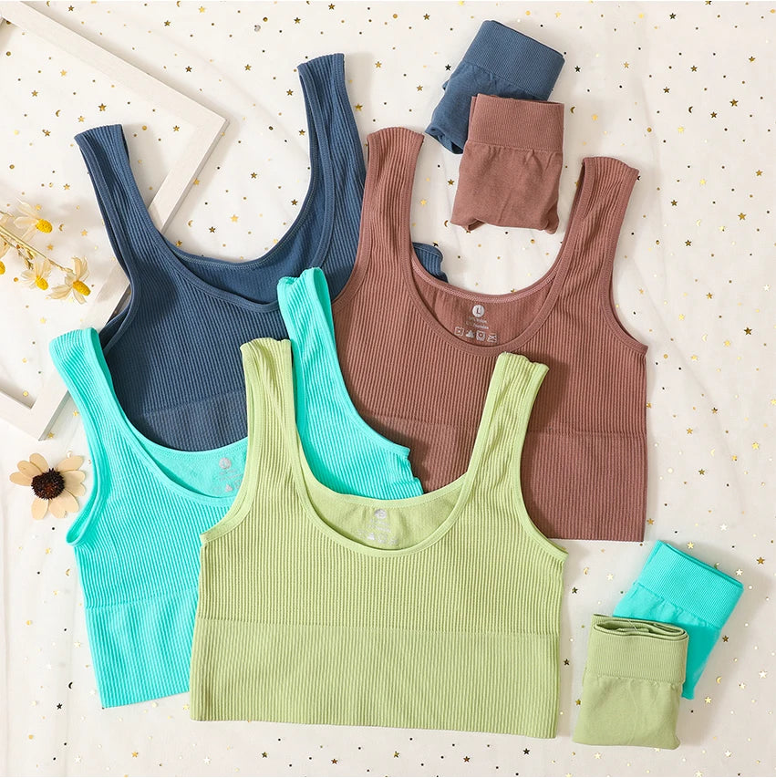 Seamless Women Lingerie Set Rib Bralette Sports Crop Top High Waist Briefs Panties Light Support Bra Sexy Underwear Set