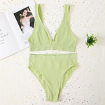 Women Ribbed V-Neck Unpadded Bra High Waist High Cut Briefs Set Wireless Bralette Soft Stretch Panties Sexy Lingerie Set S-L