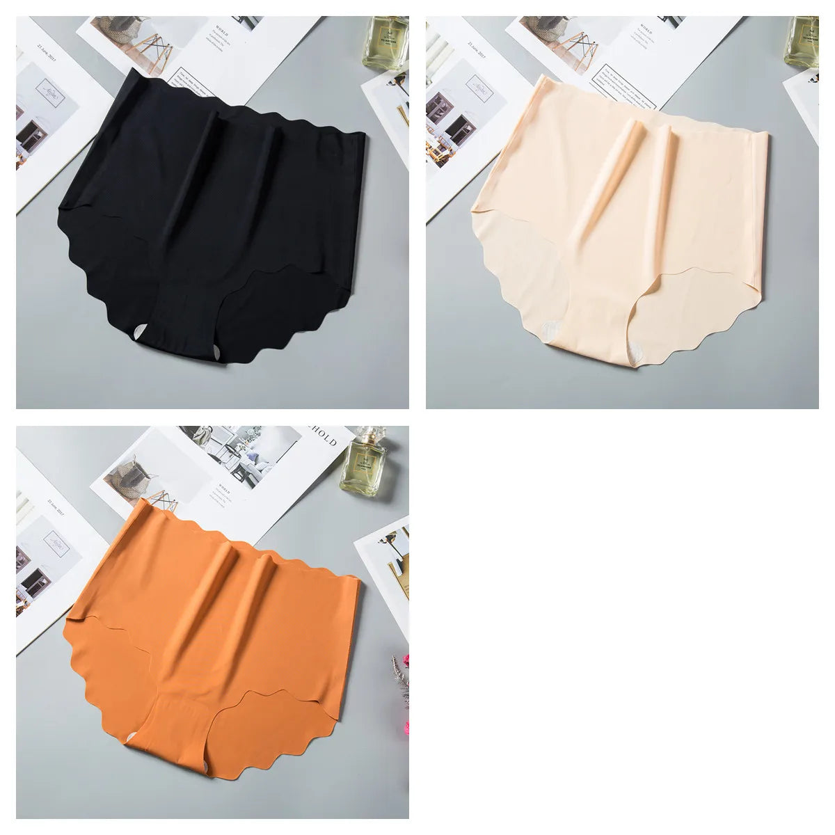 3Pcs/Set Women Ice Silk Panties Wavy Trim Seamless Underwear High Waist Panty No Show Briefs Invisible Ladies Lingerie M-XXL