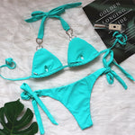 Luxury Rhinestones Bikin 2026 New Women Solid Red Blue Bandage Cross Diamond Thong Swinsuit Beach Bathing Suit Swimwear Biquini