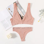 Women Seamless Bra And Panties Set Sexy Ribbed Bra Top Low Waist Thongs Wire-free Brassiere No Pads Comfort Intimates M-XL