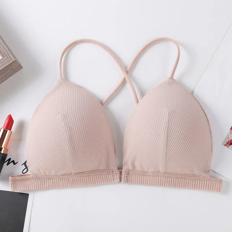 Front Closure Bra Deep V Bras For Women Thin Cross Straps Wire Free Brassiere Pdded Bralette Women's Underwear Sexy Lingerie