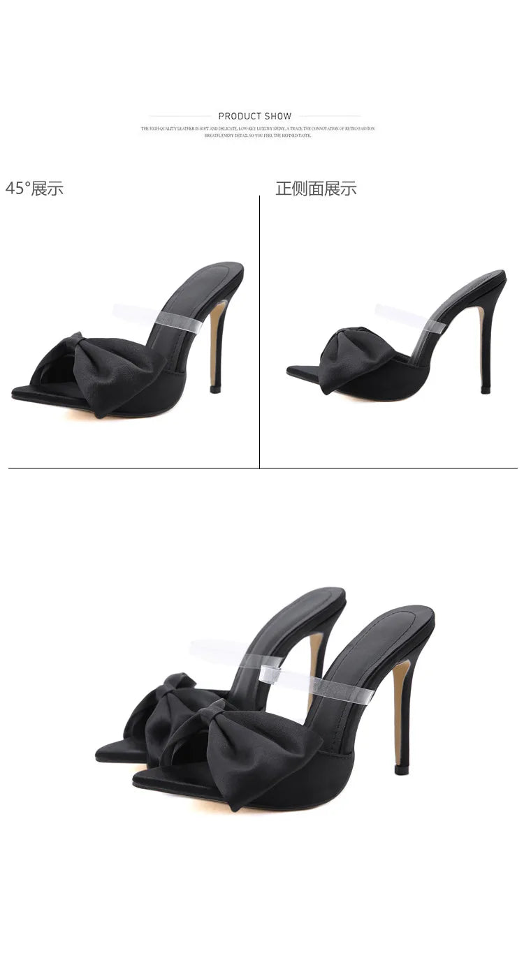 2025 Silk Butterfly Knot Women PVC Slippers Mule 11cm High Heels Slippers Luxury Sandals Pointed Toe Strappy Slides Party Shoes