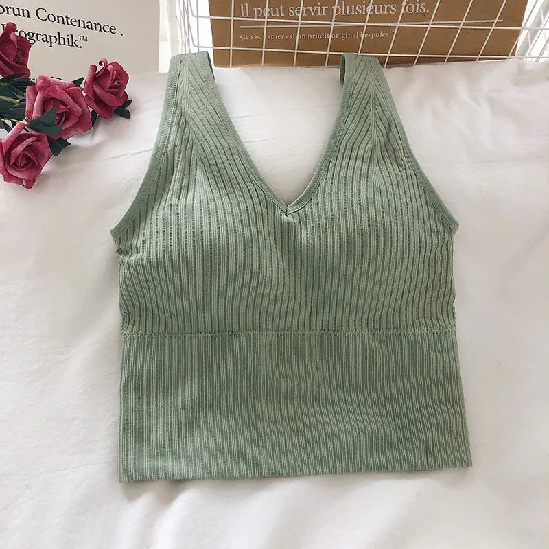 Women's Tank Crop Tops Female Tops Sexy Lingerie Seamless Underwear Streetwear V Neck Cropped Tee Padded Camisole