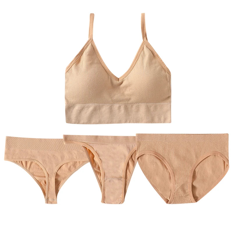 4pcs/set Women Underwear Set Active Wear Bra Top Female U Back Sports Bra And Panties Set G-String Thongs Sexy Lingerie