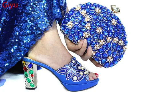 doershow Italian Shoe and Bag Set New 2024 Women Shoes and Bag Set In Italy blue Italian Shoes with Matching BagHTG1-3