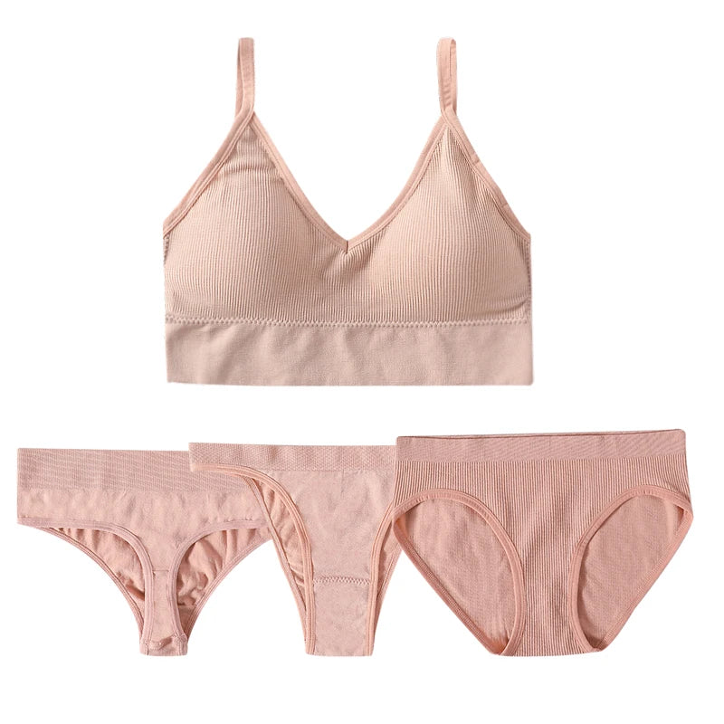 4pcs/set Women Underwear Set Active Wear Bra Top Female U Back Sports Bra And Panties Set G-String Thongs Sexy Lingerie