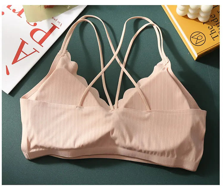 Scalloped Wave V Neck Rib Bralette Women Underwear Fixed Thin Shoulder Straps Detachable Heart Shape Foam Pads Lounge Inner Bra