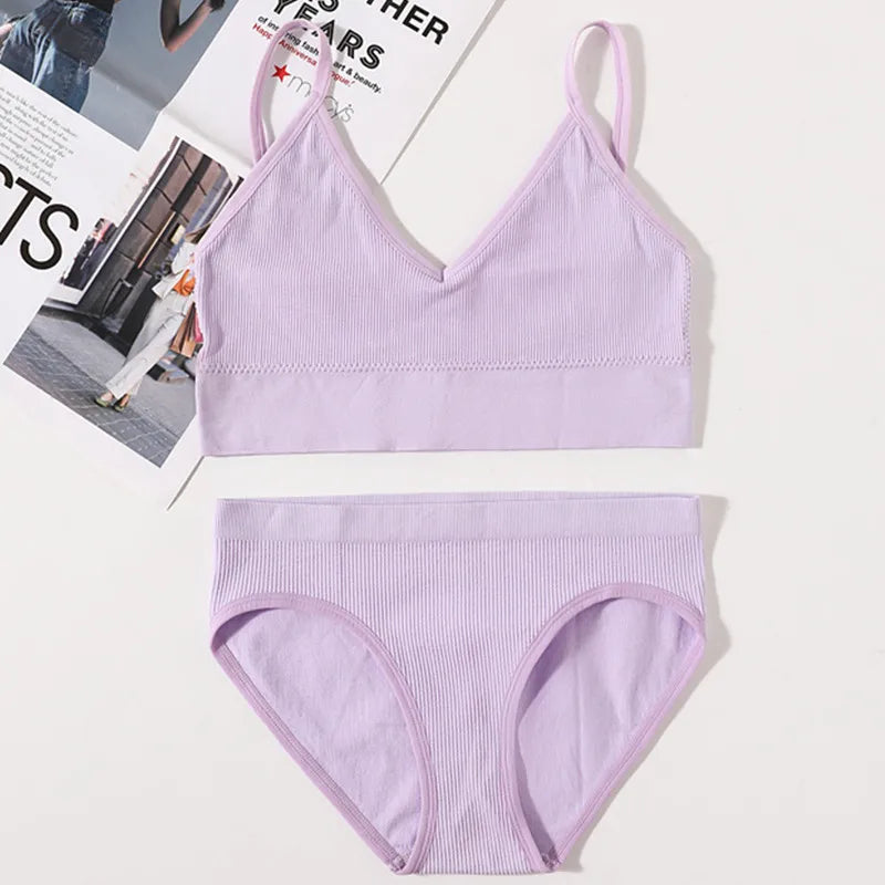 Women Seamless Bra And Panties Set U Back Bra Crop Top Sexy Lingerie Set No Pads Brassiere Low Rise Briefs Ladies Underwear Set