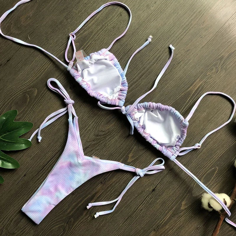 Sexy Printed Ruffled Frilled Thong Bikini Women Swimwear Female Swimsuit Two Pieces Bikini set Micro String Bathing Suit Swim