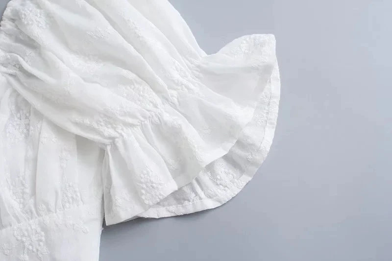 Foridol White Lace Summer Dress for Women Flower Embriodery Cotton Mini Dress Puff Sleeve Lace Up Ruffles Short Beach Dress