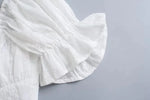 Foridol White Lace Summer Dress for Women Flower Embriodery Cotton Mini Dress Puff Sleeve Lace Up Ruffles Short Beach Dress