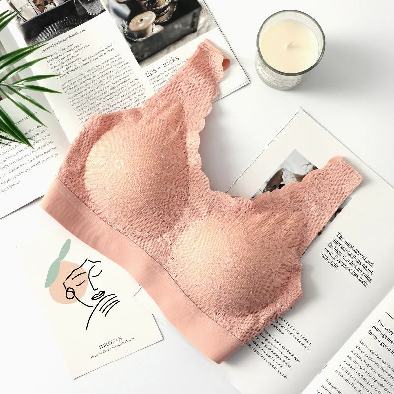 Thailand Latex Wireless Lace Bra – Push-Up, Seamless, Removable Pads, Beautiful Back Design for Daily Wear & Sleep
