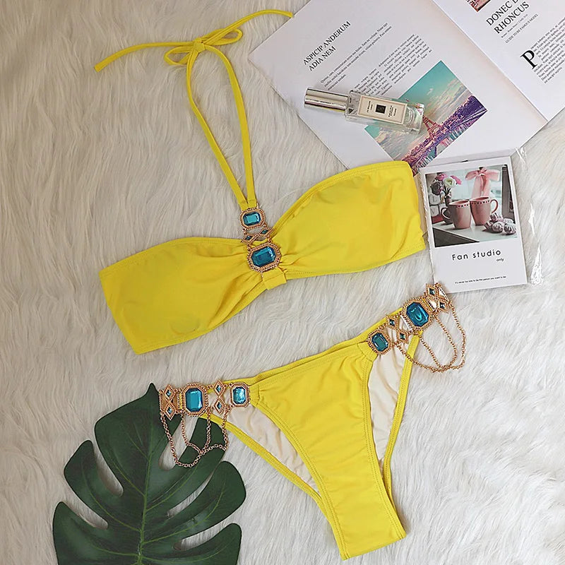 Halter Rhinestone Diamond Bikini Women Swimsuit Female Bikinis Metal Chain Swimwear Two Pieces Bikini Set Bathing Suit Swim Lady