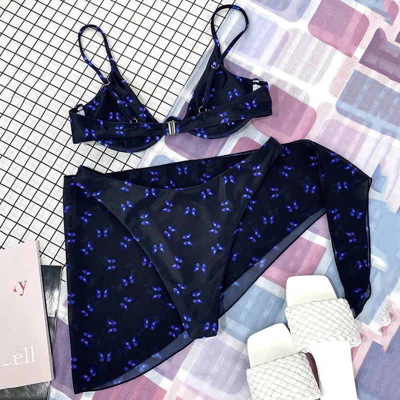 Marble Print V-Bar Underwired Bikini Women Swimsuit Female Swimwear Three-pieces Bikini Set Push Up Bathing Suit Beach Sarong