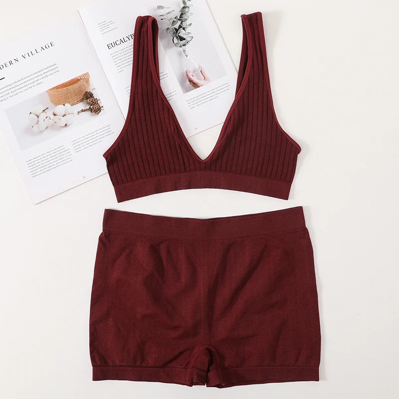 Women Seamless Bra And Panties Set Female Sport V-neck Unlined Bra High Rise Shorts Stretchy Underwear Sexy Lingerie Set