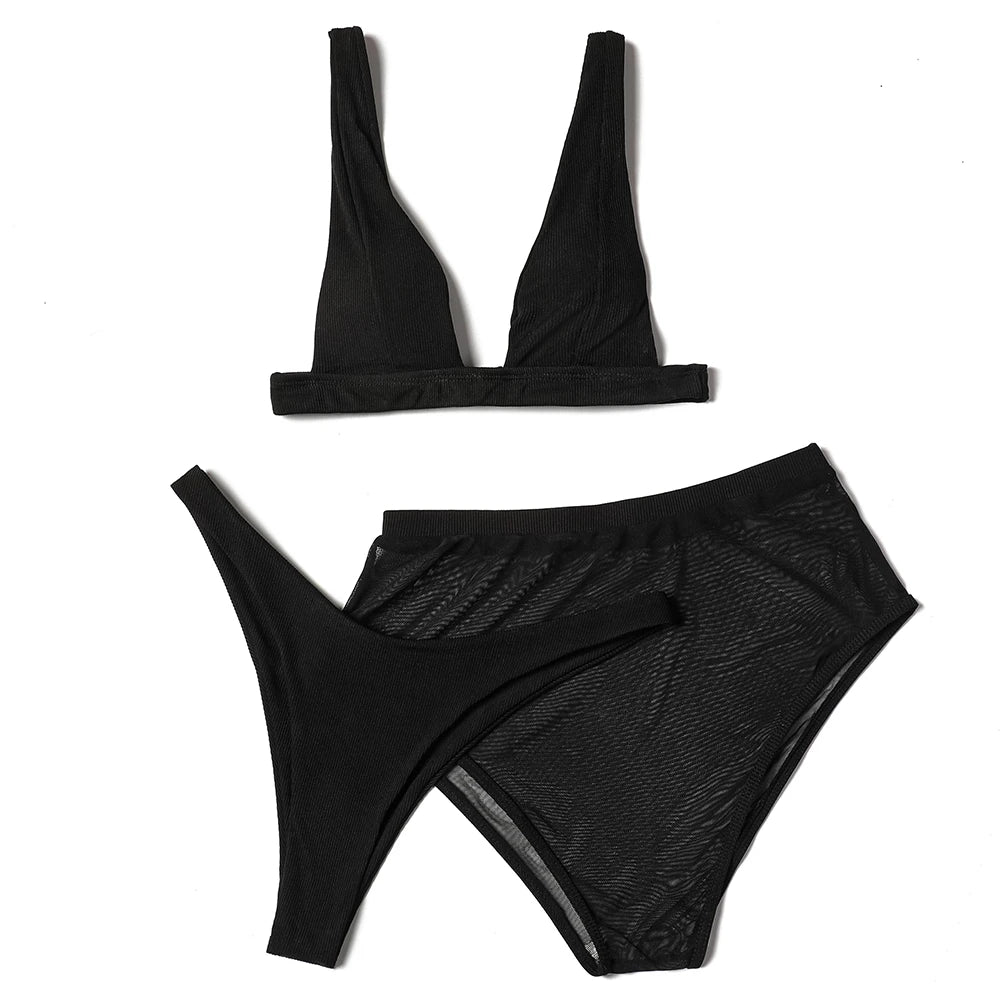 ZTVitality Black Ribbed Three Pieces Bikini 2025 New Padded High Cut Mesh Swimsuit Female Swimwear Women Beach Brazilian Biquini