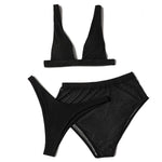 ZTVitality Black Ribbed Three Pieces Bikini 2025 New Padded High Cut Mesh Swimsuit Female Swimwear Women Beach Brazilian Biquini