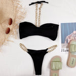 New Halter Ribbed Brazilian Bikini Female Swimsuit Women Swimwear Two pieces Bikini set Metal Chains Bather Bathing Suit Swim