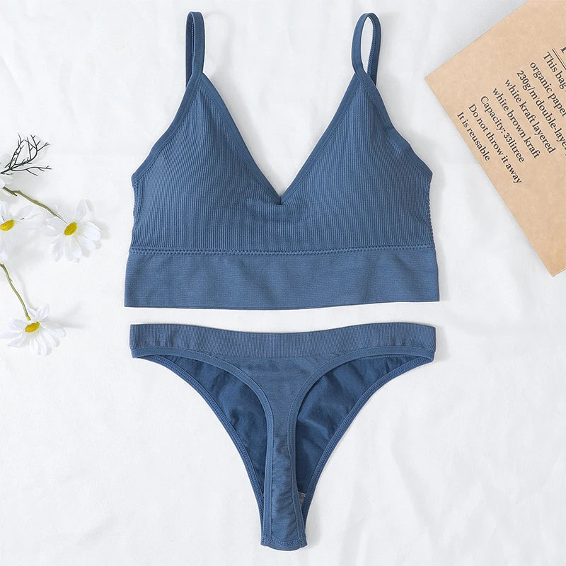 Women Bra And Panties Set U Back Bra Seamless Underwear Sport Cropped Top Low Waist Thongs Sexy Lingerie Set Fitness Crop Top