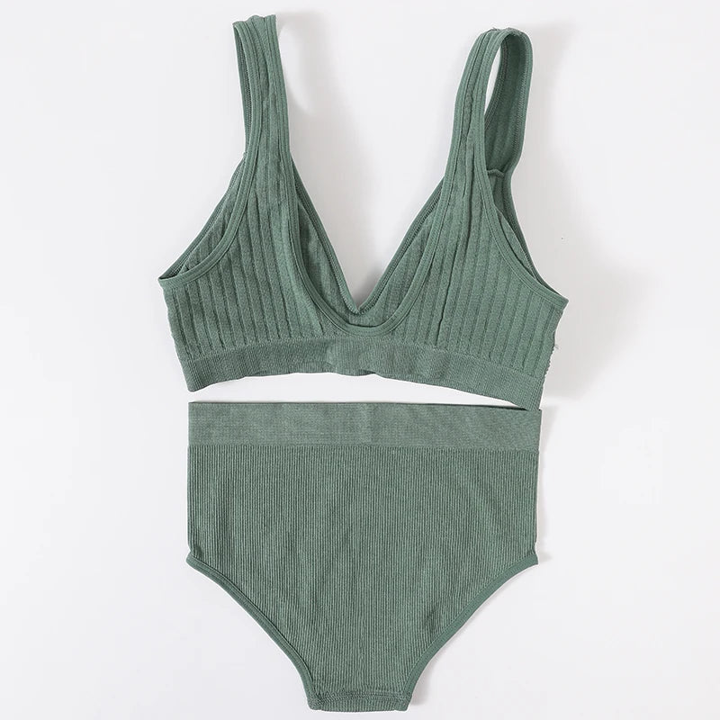 Women's Seamless Bra Panties Set Female Wirefree Brassiere Top Sports Underwear High Waist Briefs V Neck Sexy Lingerie Set