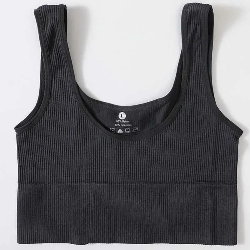 Women Seamless Ribbed Tank Top High Elastic Sleeveless Crop Top Sexy Lingerie Sports O-neck Cropped Bra Daily Camisole M-XL
