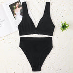 Women Ribbed V-Neck Unpadded Bra High Waist High Cut Briefs Set Wireless Bralette Soft Stretch Panties Sexy Lingerie Set S-L