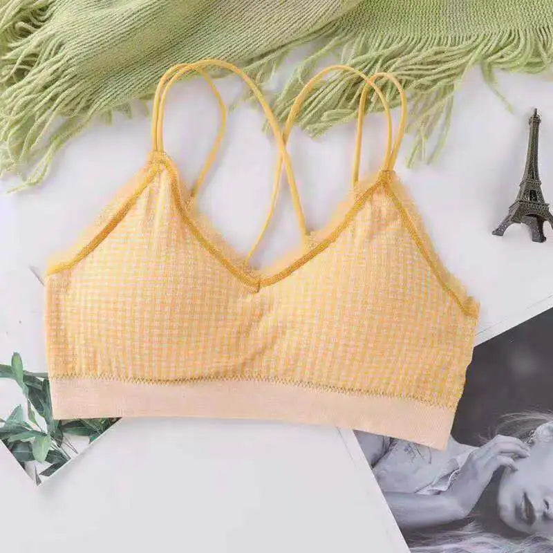 Gingham Lace Cross-Back Bralette Wireless Wrap Bra Sexy Lingerie Stretchy Beauty Cross Back Underwear Plaid Lace Trim Tube Bra