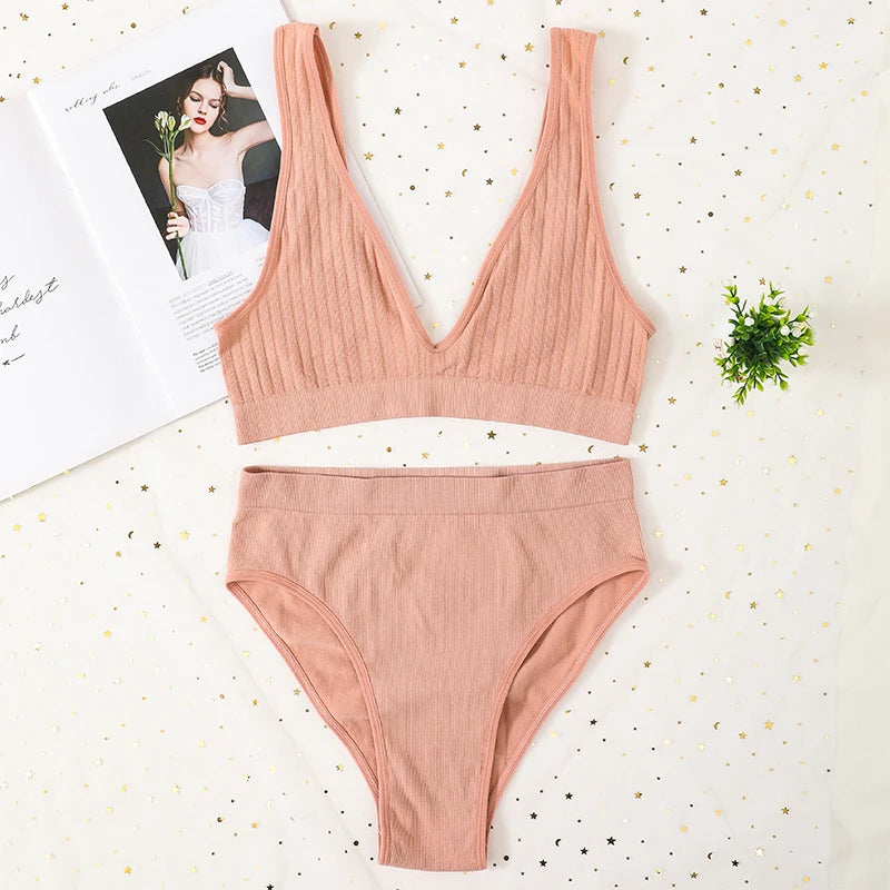 Women Ribbed V-Neck Unpadded Bra High Waist High Cut Briefs Set Wireless Bralette Soft Stretch Panties Sexy Lingerie Set S-L