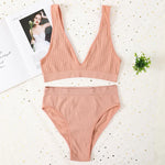 Women Ribbed V-Neck Unpadded Bra High Waist High Cut Briefs Set Wireless Bralette Soft Stretch Panties Sexy Lingerie Set S-L