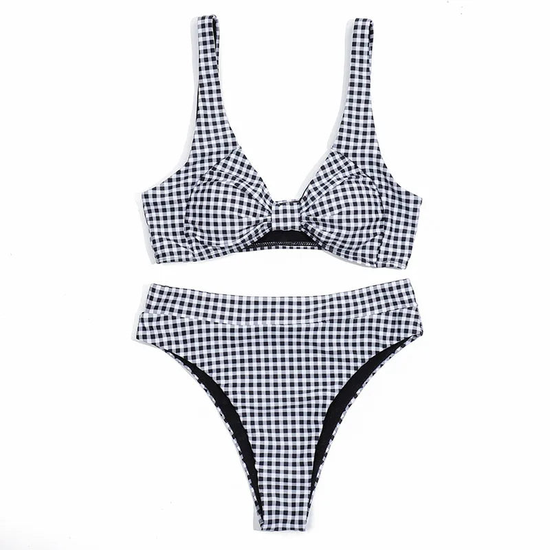 ZTVitality Black Plaid Bikinis Bow Bikini 2025 New Arrival Padded Bra High Waist Swimsuit Sexy Swimwear Women Brazilian Biquini