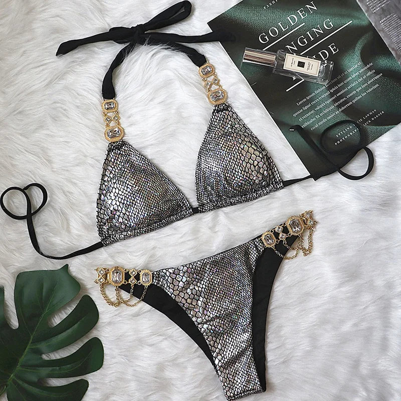 Halter Rhinestone Diamond Bikini Women Swimsuit Female Bikinis Metal Chain Swimwear Two Pieces Bikini Set Bathing Suit Swim Lady