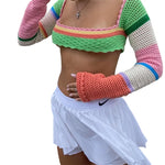 Women Summer Crop Tops Splicing Crochet Square Neck Long Sleeves Knitted T-shirt Tops 2021 Streetwear for Girls Green