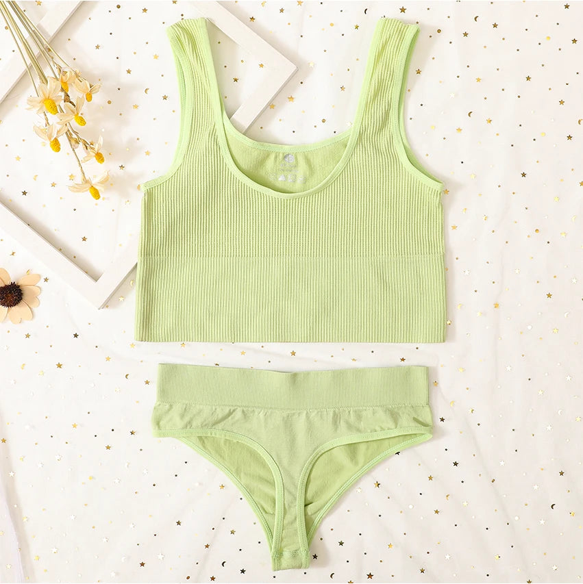 Seamless Women Lingerie Set Rib Bralette Sports Crop Top High Waist Briefs Panties Light Support Bra Sexy Underwear Set