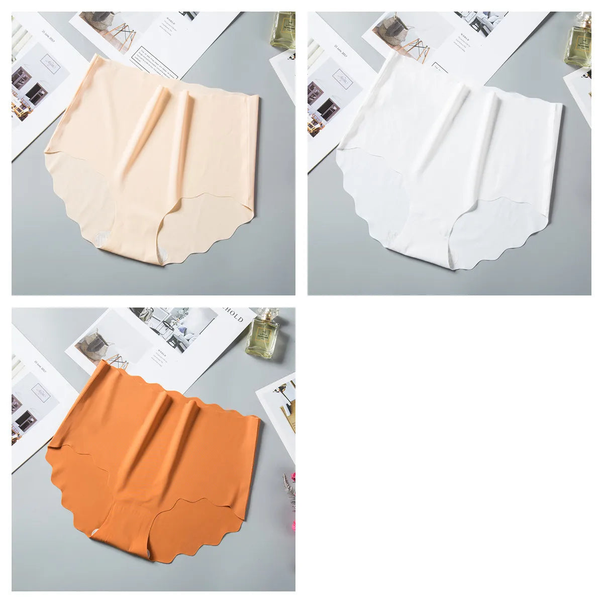3Pcs/Set Women Ice Silk Panties Wavy Trim Seamless Underwear High Waist Panty No Show Briefs Invisible Ladies Lingerie M-XXL