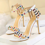 BIGTREE Shoes Color Rivets Women Sandals Roman Style Heeled Sandals Hollow Out High Heels Stiletto Sexy Party Shoes Sandals