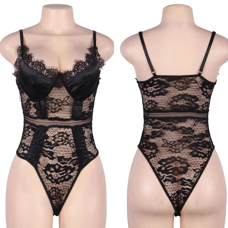 Plus Size Snap Crotch Lace Bodysuits Women Sexy Elegant Teddy Bodysuit Streetwear Skinny Overalls Body Femme Body Tops Jumpsuit