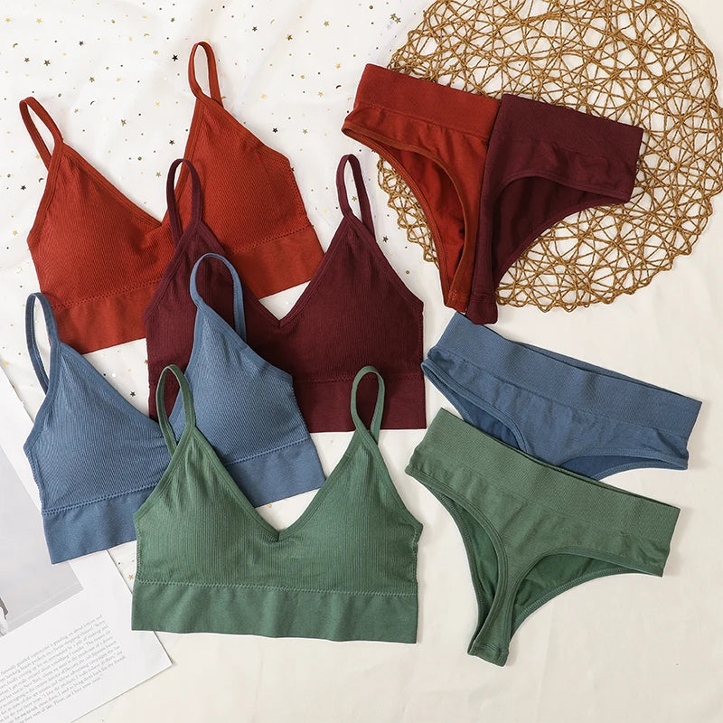 Women Sports Bra And Panties Set Seamless Bra U-Back Crop Top High Rise G-String Panties Thongs Underwear Sexy Lingerie Set