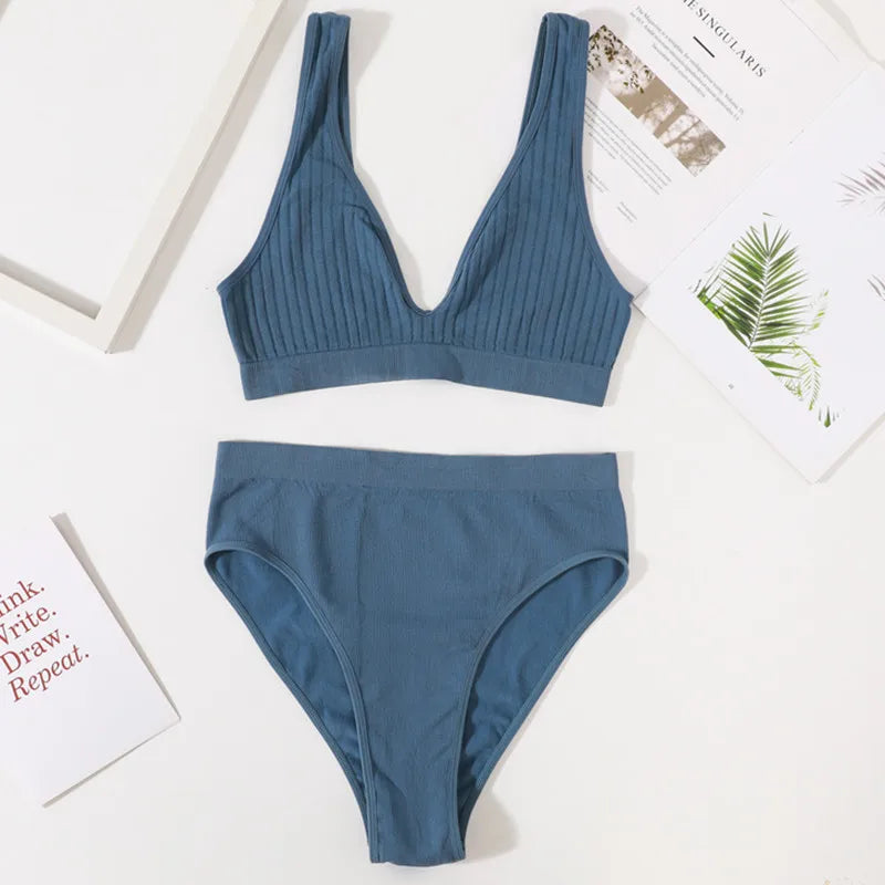 Women Ribbed V-Neck Unpadded Bra High Waist High Cut Briefs Set Wireless Bralette Soft Stretch Panties Sexy Lingerie Set S-L