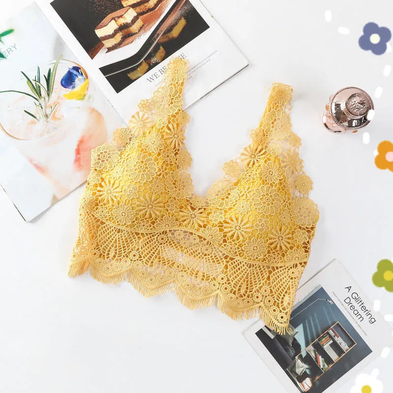 Deep V Lace Bra Tops Wire Free Brassieres Women Underwear Sexy Lingerie Beauty Back Bralette Bras for Women Removable Pads Top