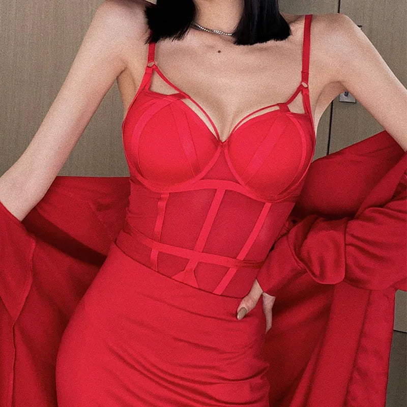 French Bodysuit Sexy Lace Push Up Bra Set Classic Bandage Mesh Transparent Bodycon Underwear Women Temptation Hollow Onesies