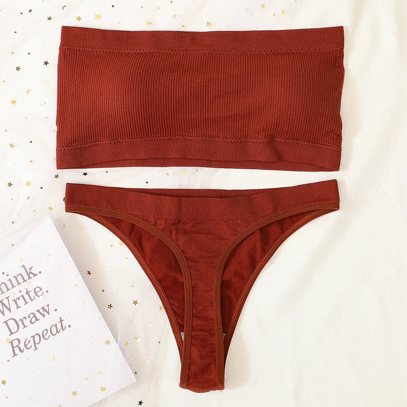 Women Strapless Bra And Panties Set Bandeau Bra High Waist Thong Seamless Underwear Sexy Tube Bra Female Sexy Lingerie Set M-XL