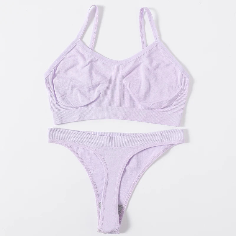 Women Ribbed Bra And Panties Set Seamless Bra Low Rise Thongs Sexy Lingerie Set Comfort Wire Free Tops Female Underwear